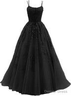 Womens Lace Appliques Prom Dress Long Spaghetti Strap Ball Gown Tulle Prom Dresses for Prom