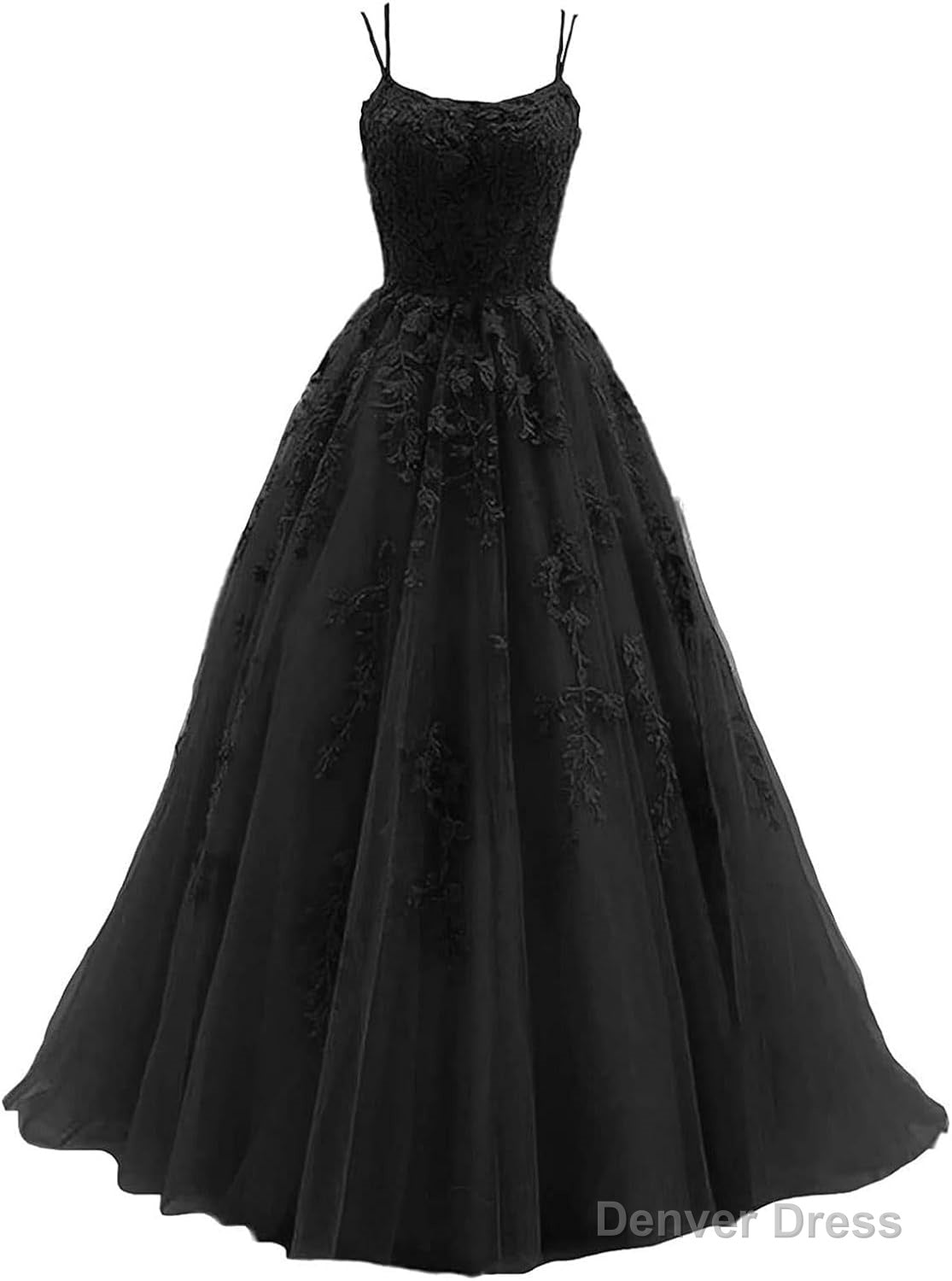 Womens Lace Appliques Prom Dress Long Spaghetti Strap Ball Gown Tulle Prom Dresses for Prom