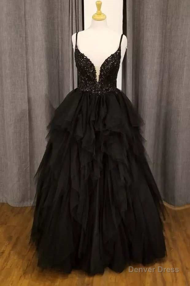 Black Tulle Floral Lace Straps Tiered A Line Prom Gowns