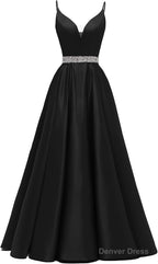 Spaghetti Straps Prom Dresses Long Satin Beaded V Neck Prom Ball Gown with Pockets