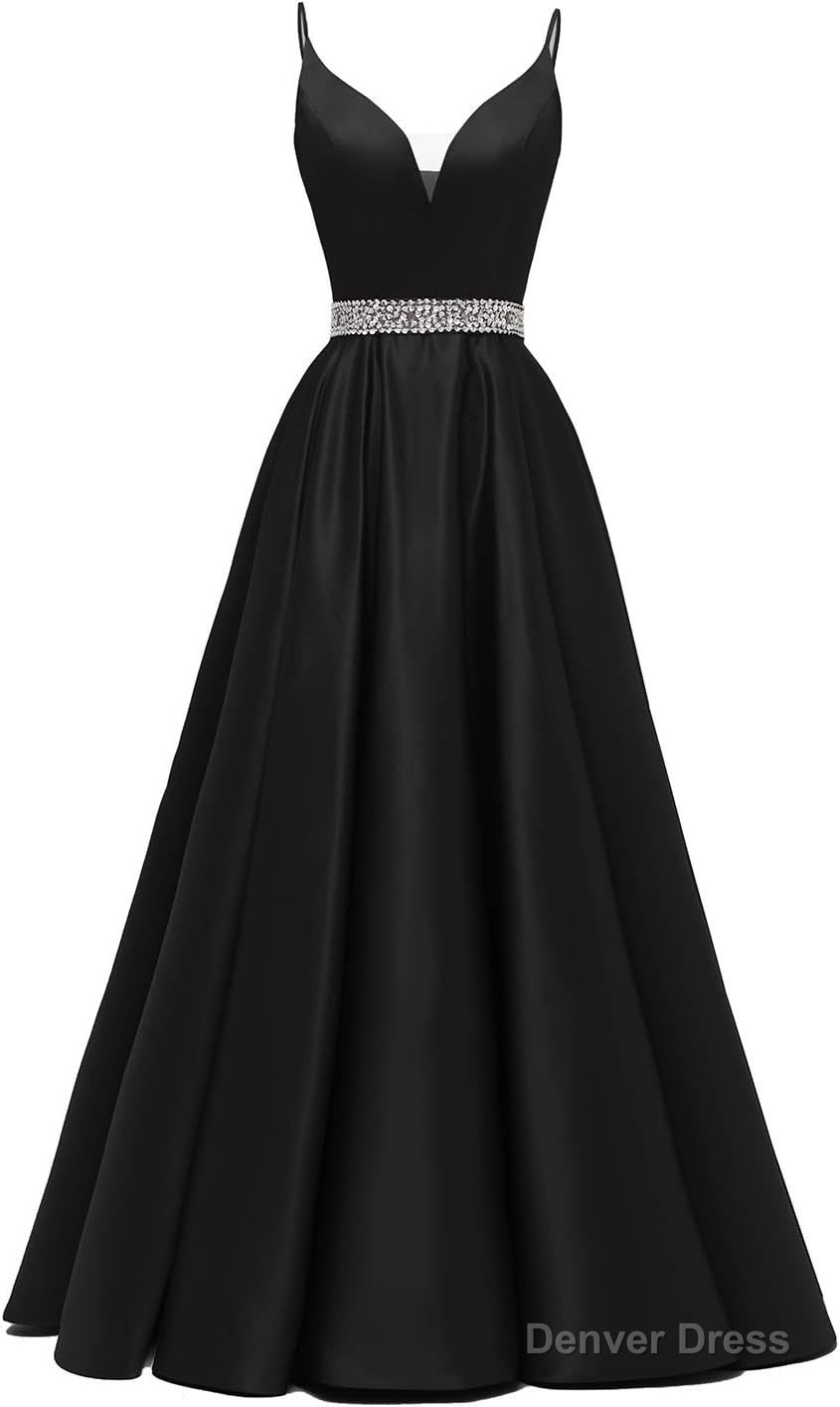 Spaghetti Straps Prom Dresses Long Satin Beaded V Neck Prom Ball Gown with Pockets
