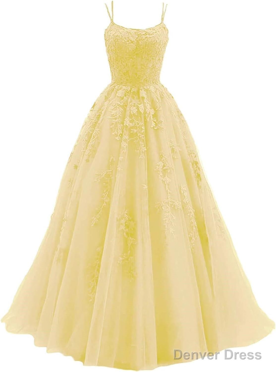 Womens Lace Appliques Prom Dress Long Spaghetti Strap Ball Gown Tulle Prom Dresses for Prom