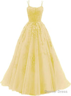 Womens Lace Appliques Prom Dress Long Spaghetti Strap Ball Gown Tulle Prom Dresses for Prom