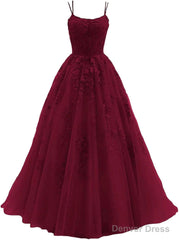 Womens Lace Appliques Prom Dresses Long Spaghetti Strap Ball Gowns Tulle Formal Dress for Party