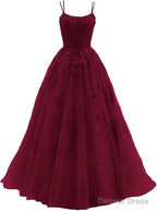 Womens Lace Appliques Prom Dress Long Spaghetti Strap Ball Gown Tulle Prom Dresses for Prom
