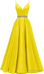 Spaghetti Straps Prom Dresses Long Satin Beaded V Neck Prom Ball Gown with Pockets