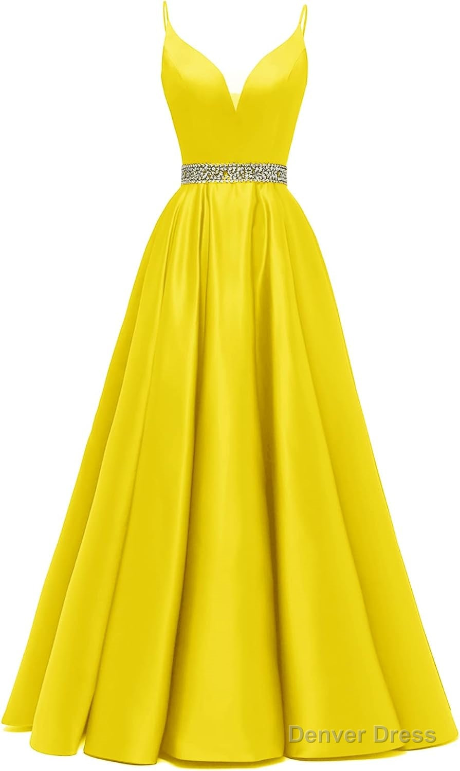 Spaghetti Straps Prom Dresses Long Satin Beaded V-Neck Formal Evening Party Ball Gowns with Pockets
