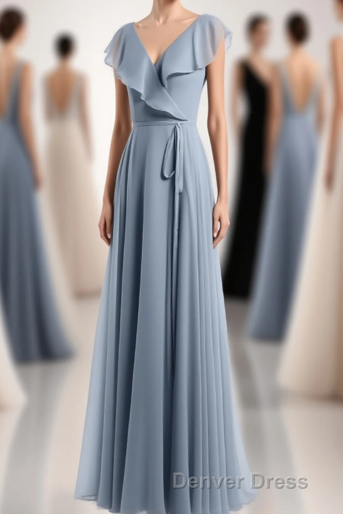 Dusty Blue V Neck Backless Ruffled A Line Long Bridesmaid Dresses