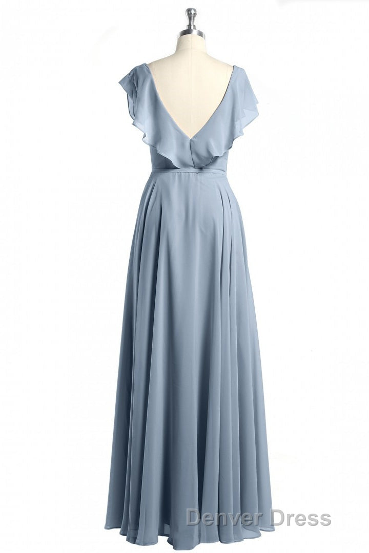 Dusty Blue V Neck Backless Ruffled A Line Long Bridesmaid Dresses Secondary image
