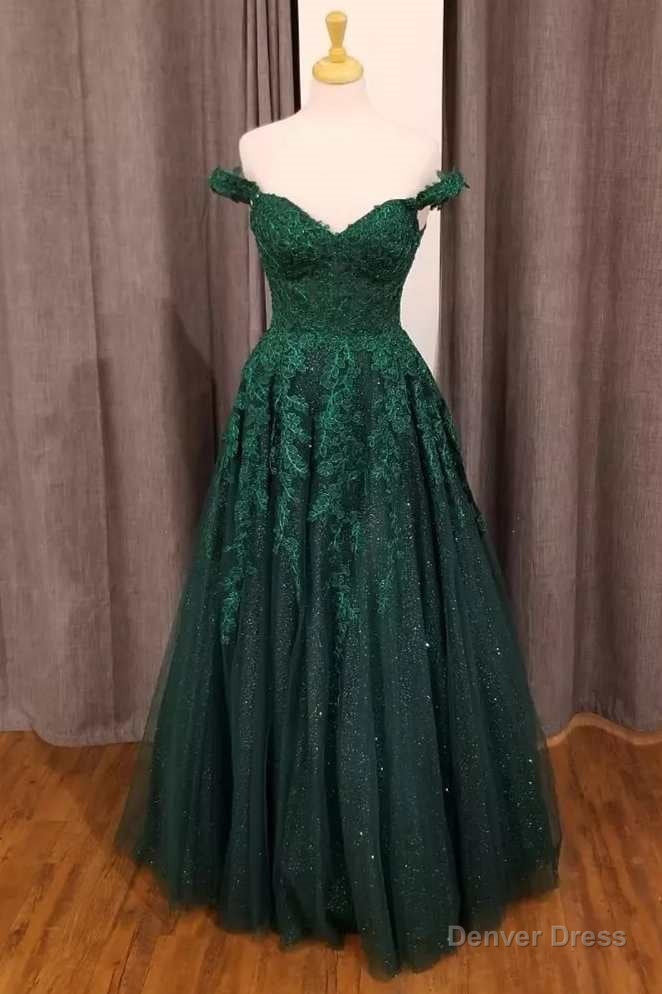 Hunter Green Floral Appliques Off-the-Shoulder A-Line Prom Gown Main image
