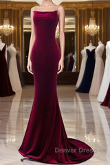 Simple Velvet Mermaid Burgundy Long Prom Dresses, Burgundy Long Formal Dresses
