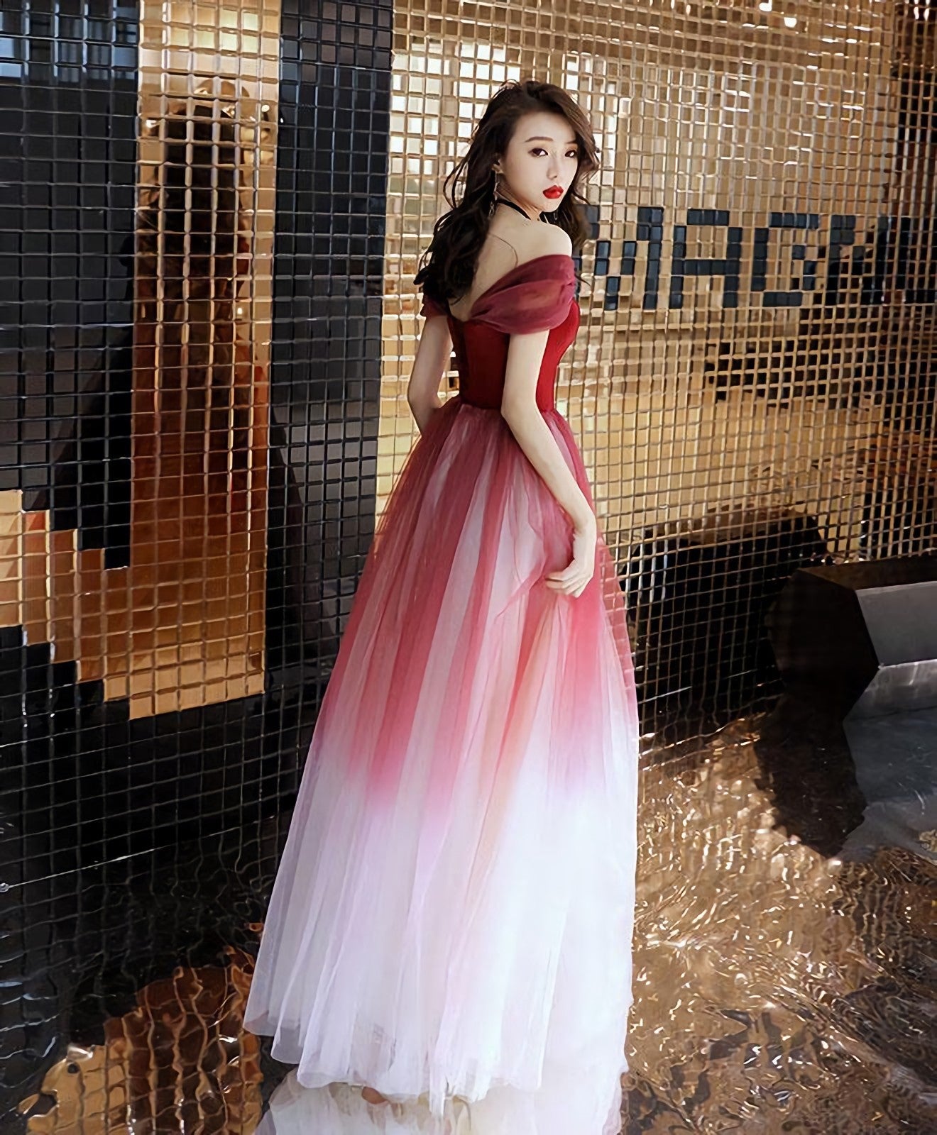Unique Burgundy Off Shoulder Tulle Long Prom Dress Burgundy Prom Dresses