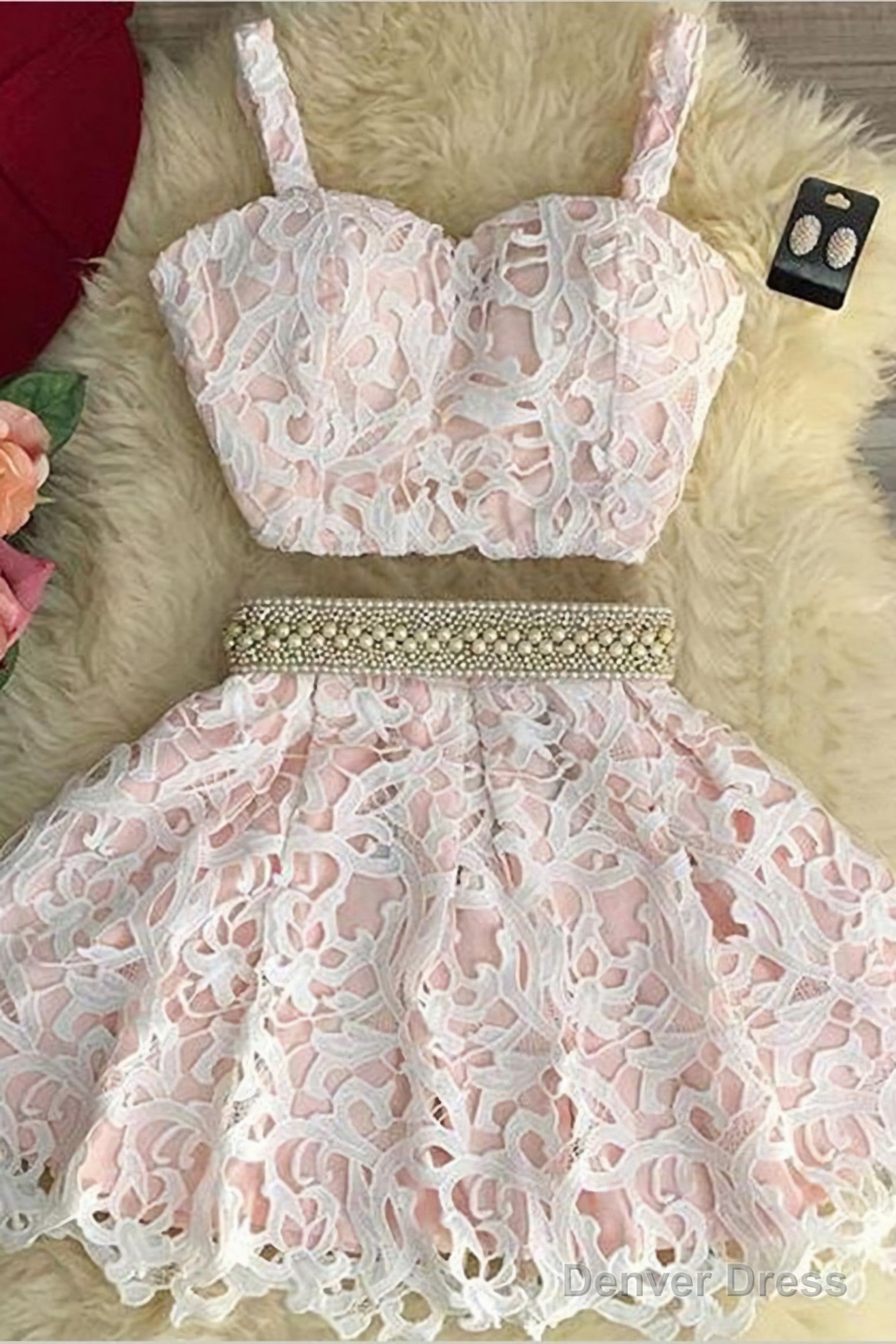 2025 Two Piece A Line Lace Homecoming Dresses, Spaghetti Straps Beaded Waistline Main image