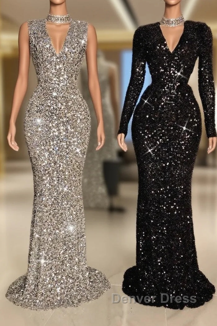Glitter Long V-neck Sequined Floor Length Mermaid Prom Dresses with Sleeves