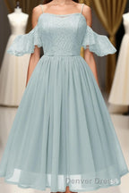 Off the Shoulder Lace Over Chiffon Sage Green Party Dresses