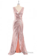 Rose Gold Sequin V-neck Long Formal Dresses with Slit