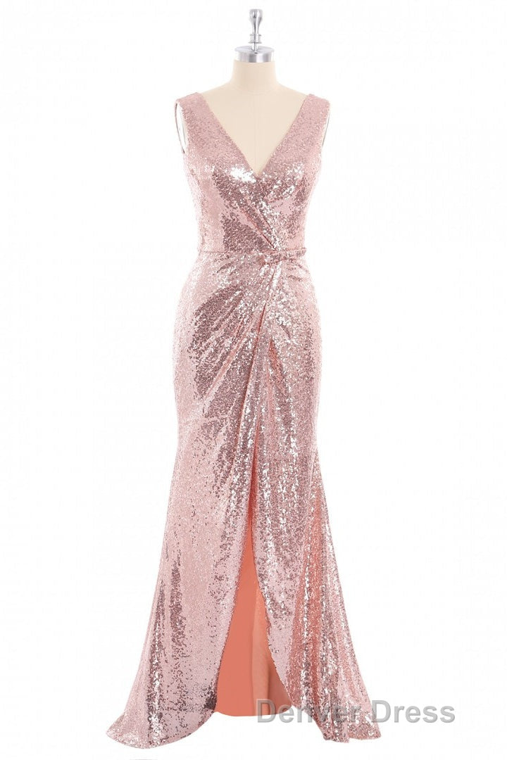 Rose Gold Sequin V-neck Long Formal Dresses with Slit