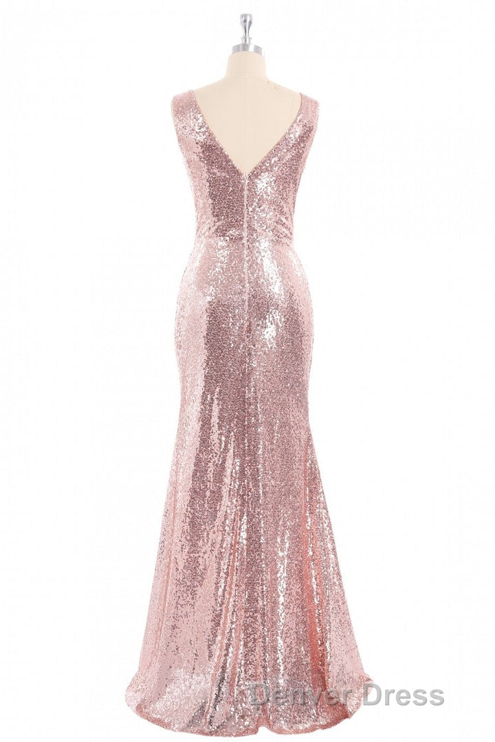 Rose Gold Sequin V-neck Long Formal Dresses with Slit