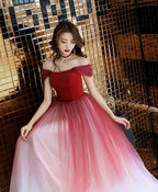 Unique Burgundy Off Shoulder Tulle Long Prom Dress Burgundy Prom Dresses