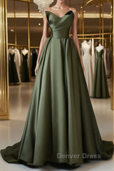A-Line V Neck Satin Green Long Prom Dresses, Green Long Formal Dresses