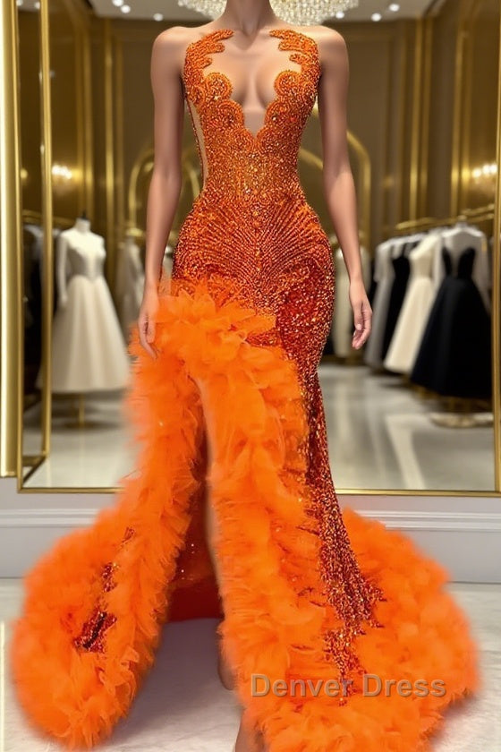 Orange Sleeveless Mermaid Prom Dresses with Side Slit and Tulle Beadings Main image