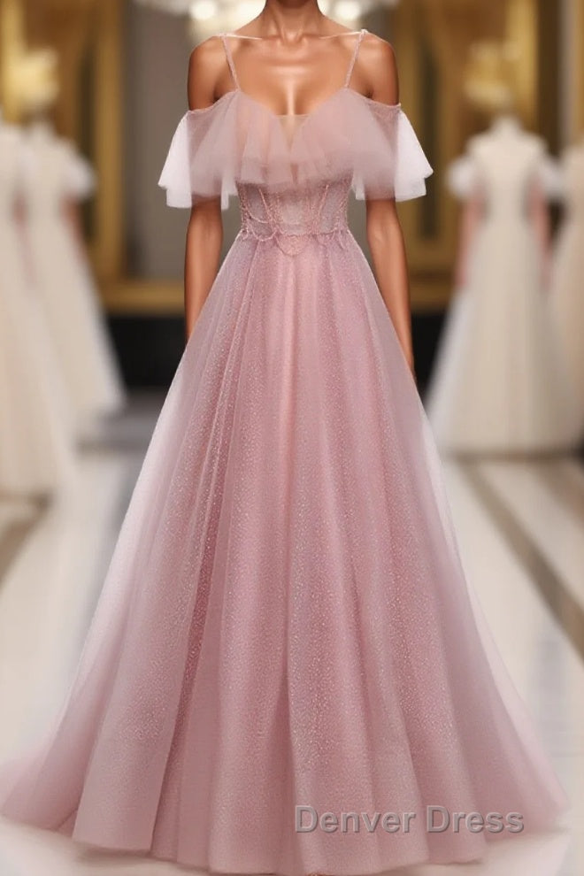 Pink Sweetheart Tulle Long Prom Dresses, Pink Tulle Formal Dresses, 1 Main image