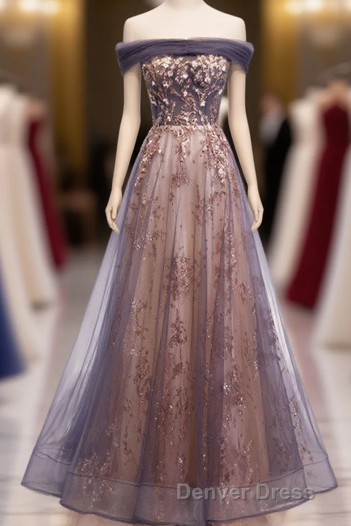 Unique Tulle Off Shoulder Lace Long Prom Dresses, Lace Formal Dresses Main image