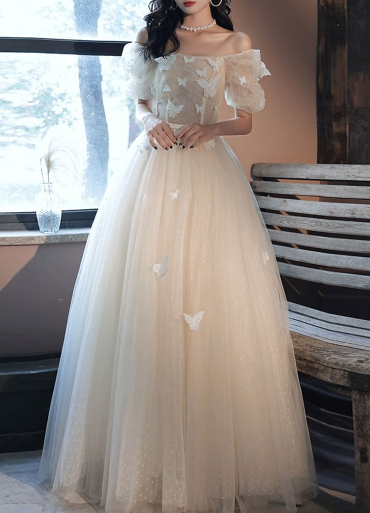 Light Champagne Tulle Long Prom Dress Light Champagne Prom Dresses