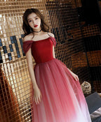 Unique Burgundy Off Shoulder Tulle Long Prom Dress Burgundy Prom Dresses