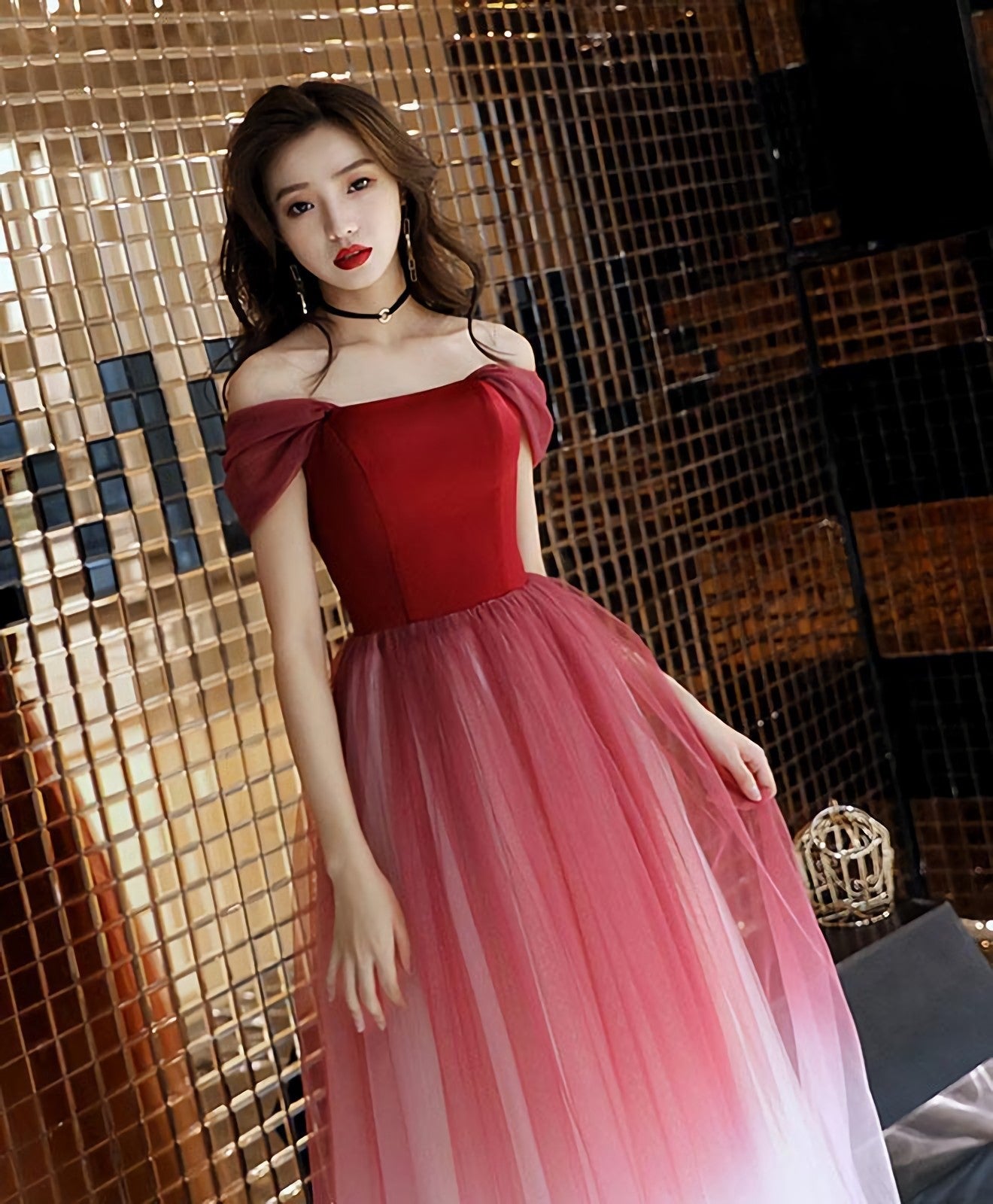 Unique Burgundy Off Shoulder Tulle Long Prom Dress Burgundy Prom Dresses