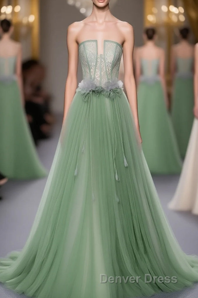 Green Tulle Lace Long Prom Dresses, Green Tulle Evening Dresses, 3 Main image