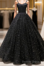 Black Sweetheart Tulle Long Prom Dresses, Black Tulle Formal Dresses