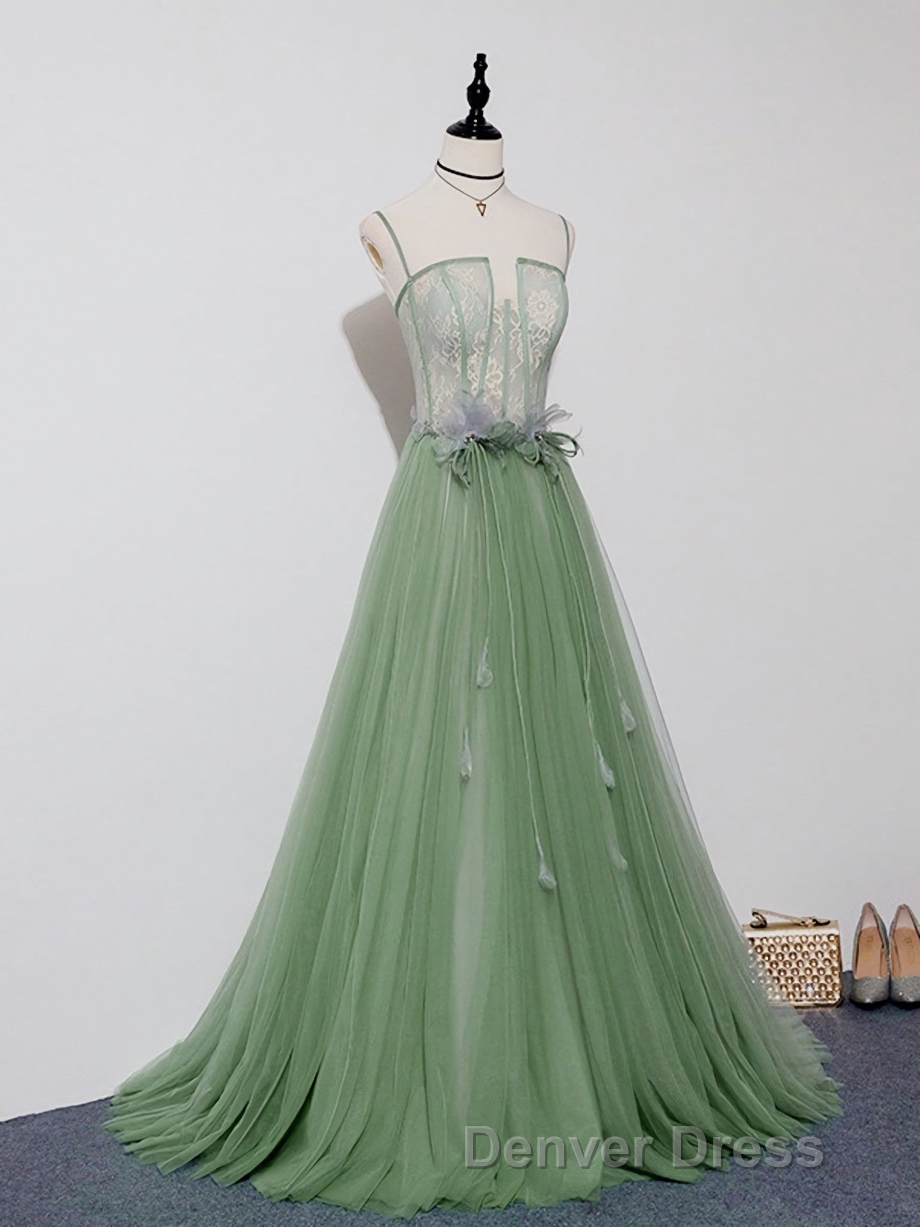 Green Tulle Lace Long Prom Dress, Green Tulle Prom Dresses, 3