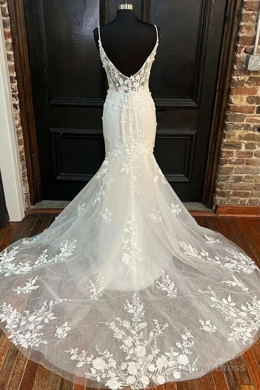 White Floral Lace Plunge V Mermaid Long Wedding Dresses Secondary image