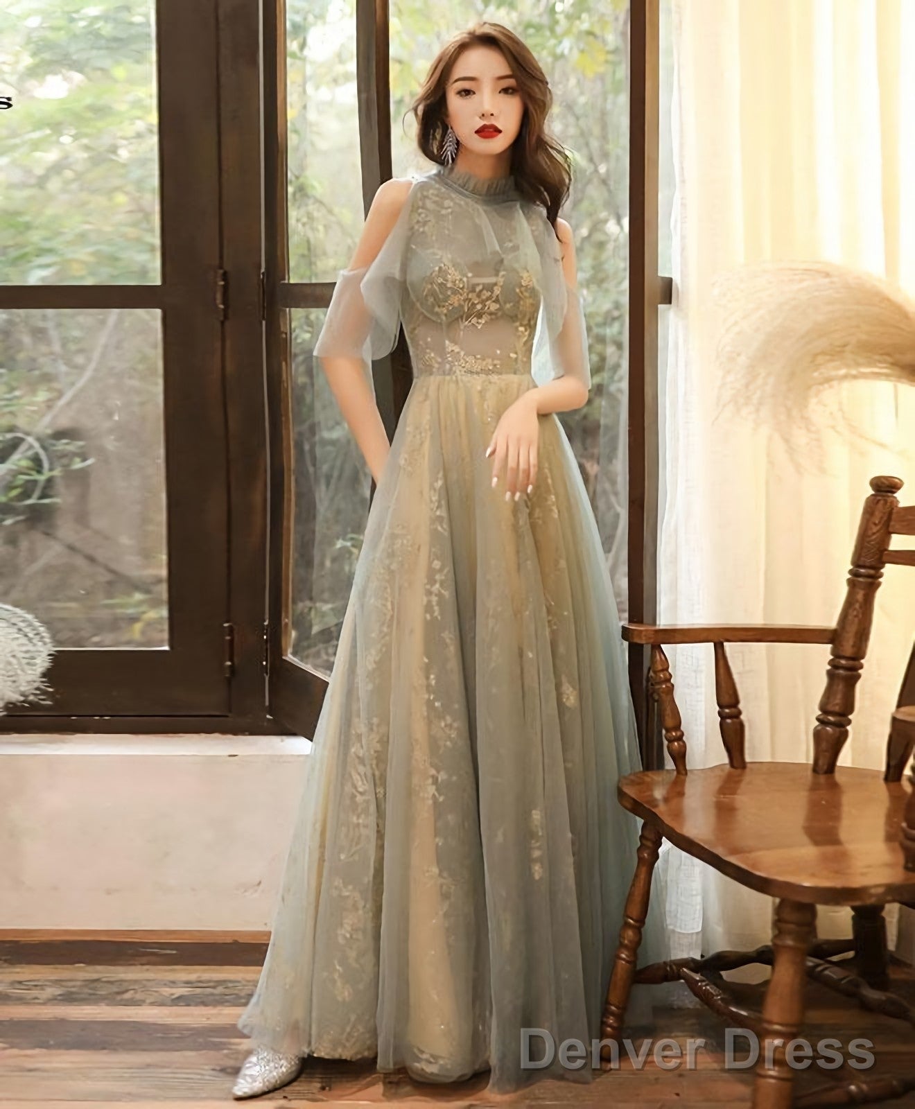 Green Tulle Hight Neck Tulle Lace Long Prom Dress Tulle Prom Dresses