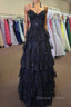 Straps Black Appliques Tulle Ruffle A-line Prom Dresses