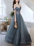 A Line Sweetheart Neck Gray Blue Tulle Long Prom Dress, Blue Prom Dresses