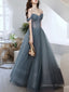 A Line Sweetheart Neck Gray Blue Tulle Long Prom Dress, Blue Prom Dresses