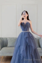 Blue Sweetheart Neck Tulle Long Prom Dress Blue Tulle Prom Dresses