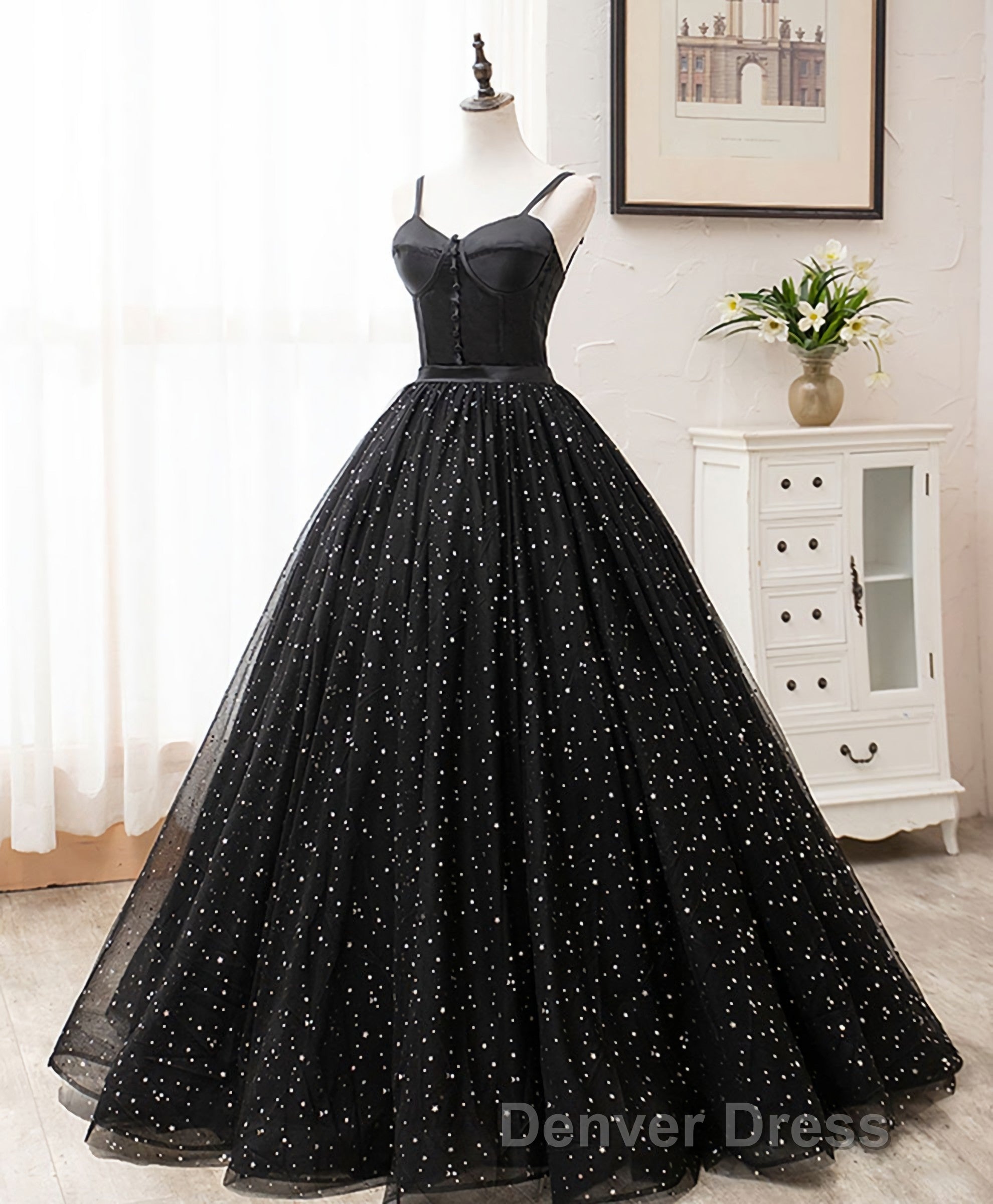 Black Sweetheart Tulle Long Prom Dresses, Black Tulle Formal Dresses