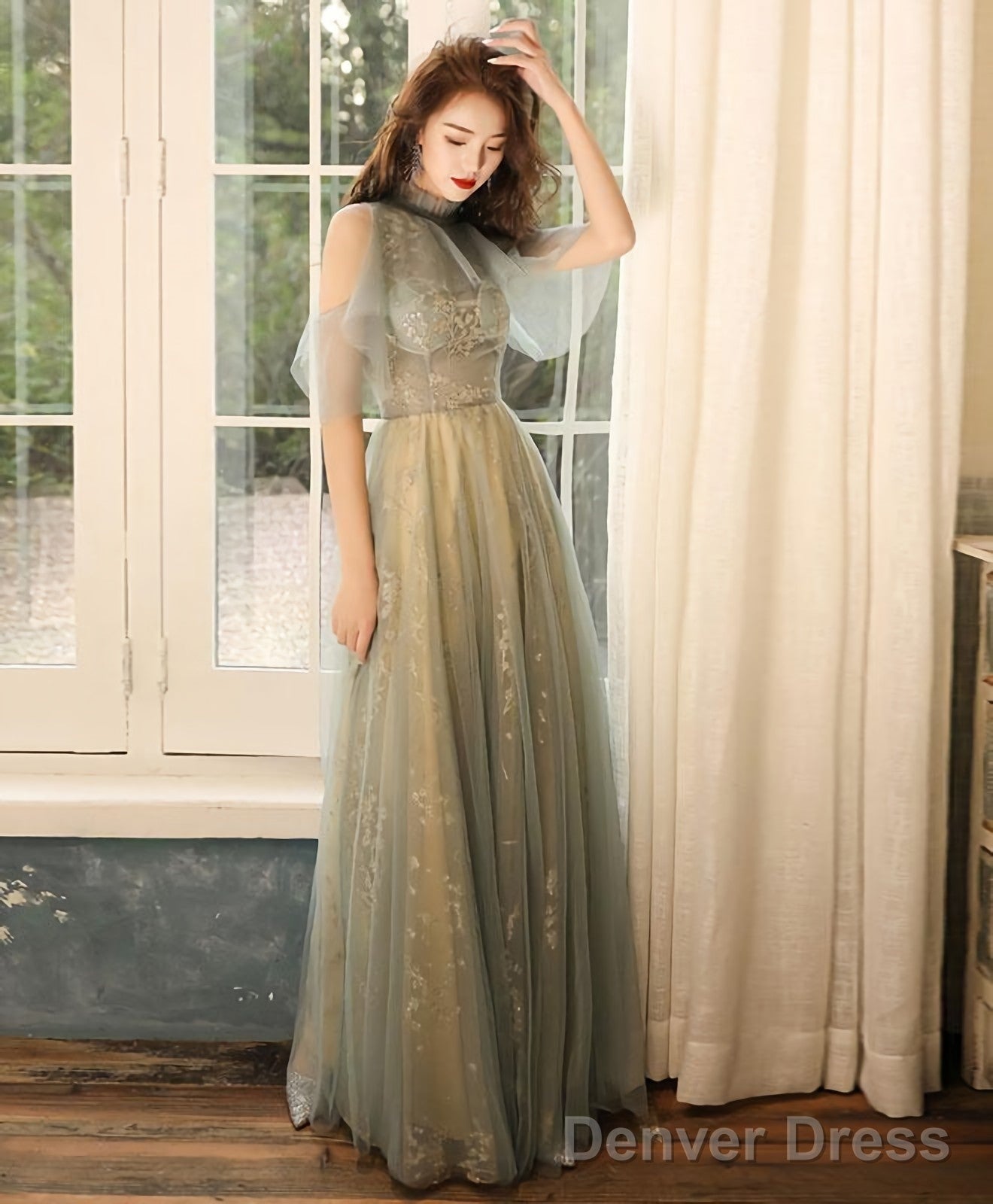 Green Tulle Hight Neck Tulle Lace Long Prom Dress Tulle Formal Dress
