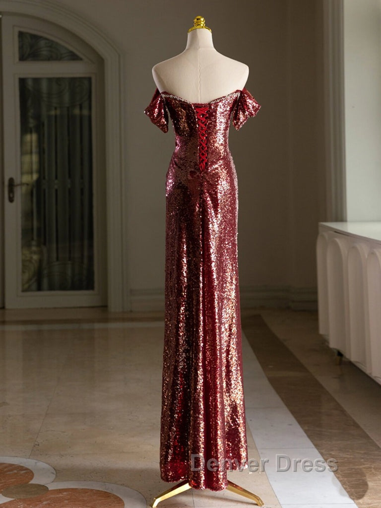 Simple Off Shoulder Sequin Burgundy Long Prom Dress, Burgundy Long Prom Dresses