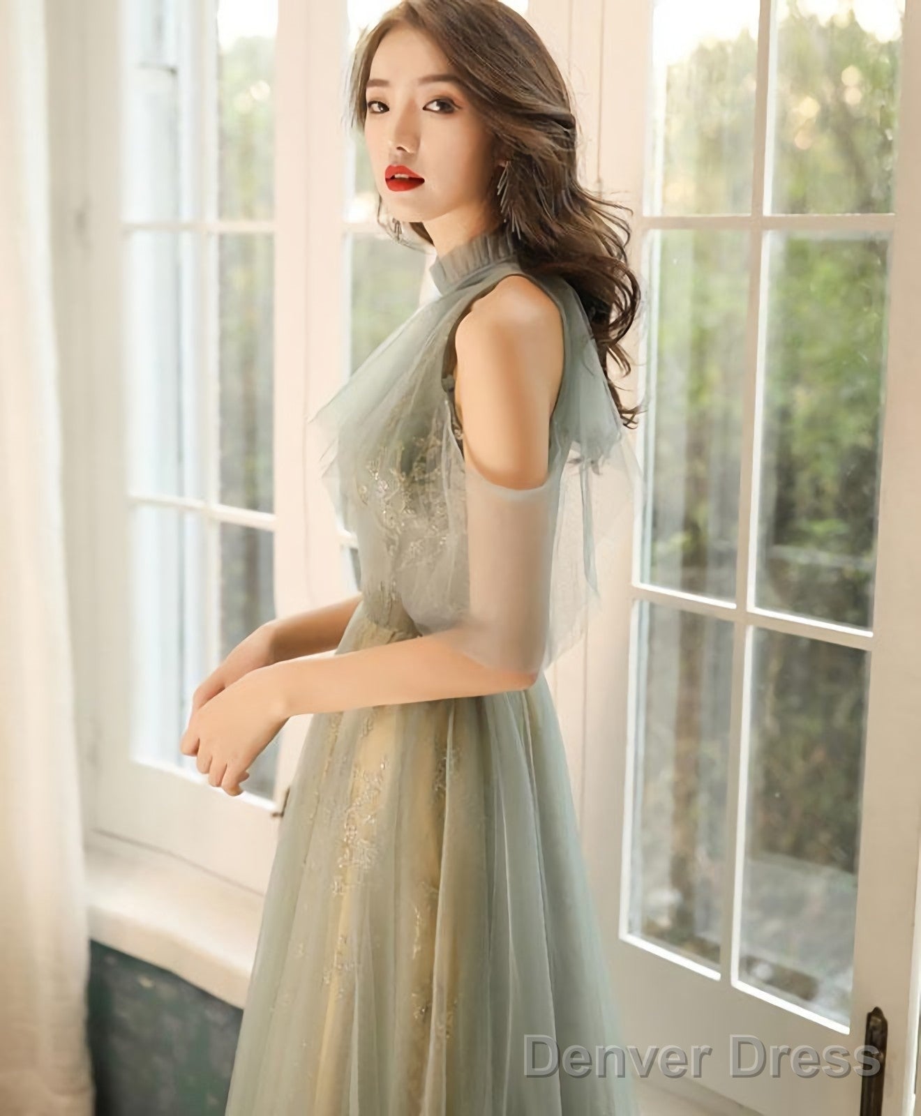Green Tulle Hight Neck Tulle Lace Long Prom Dress Tulle Formal Dress