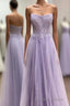 Strapless Lavender A Line Long Prom Dresses