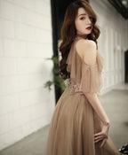 Champagne High Neck Tulle Lace Long Prom Dress