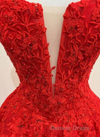 Red Tulle Lace A Line Prom Dress Appliques Long Prom Dresses