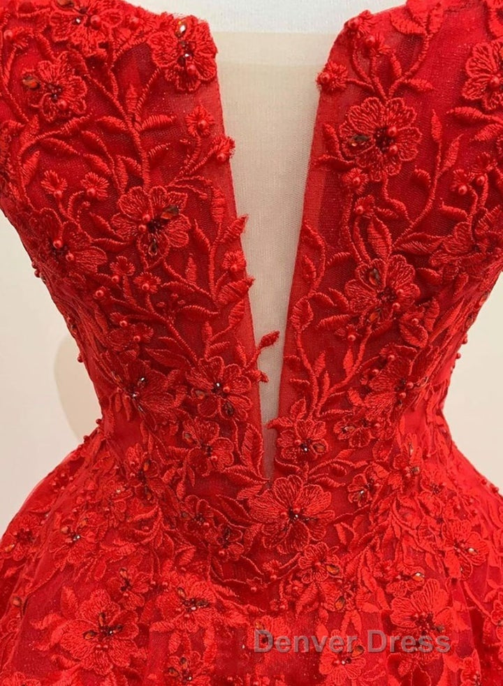 Red Tulle Lace A Line Prom Dress Appliques Long Prom Dresses