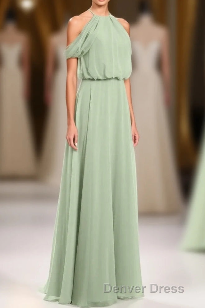 Sage Green Chiffon Halter Blouson Style Long Bridesmaid Dresses Main image