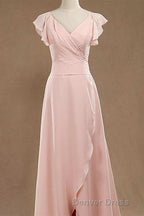 Blush Pink V Neck Ruffled Long Bridesmaid Dresses