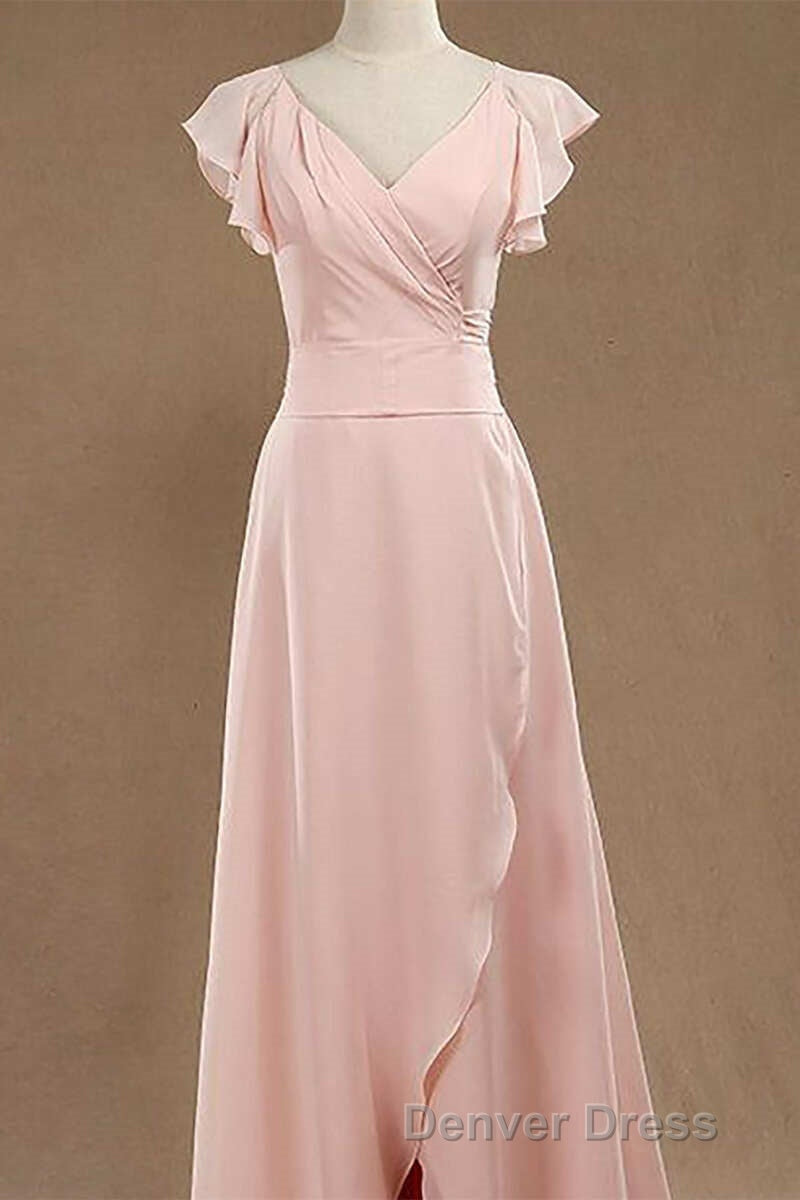 Blush Pink V Neck Ruffled Long Bridesmaid Dresses